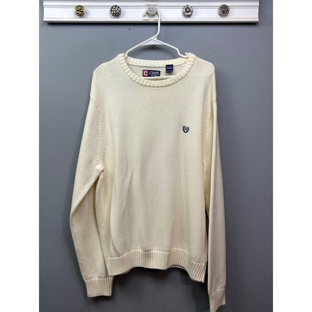 Chaps Mens XXL Cream Cotton Crewneck Sweater Heavy Knit Long Sleeve Pullover